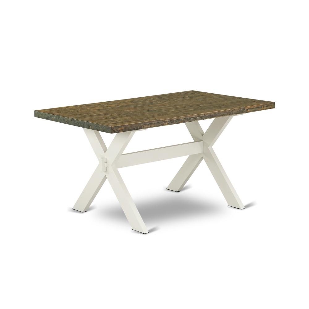 East West Furniture 6-Piece Wood Dining Table Set-Doeskin Linen Fabric Seat and Button Tufted Chair Back Modern Dining chairs, A Rectangular Bench and Rectangular Top Kitchen Table with Wooden Legs -