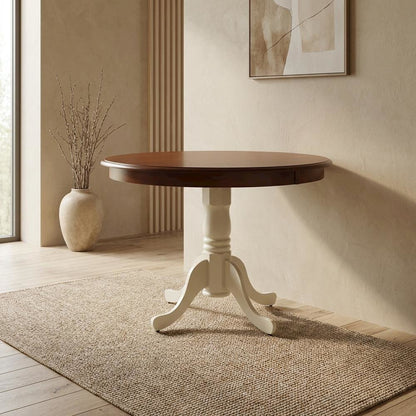 Mahogany Linen White Round Pedestal Table, Seats 4
