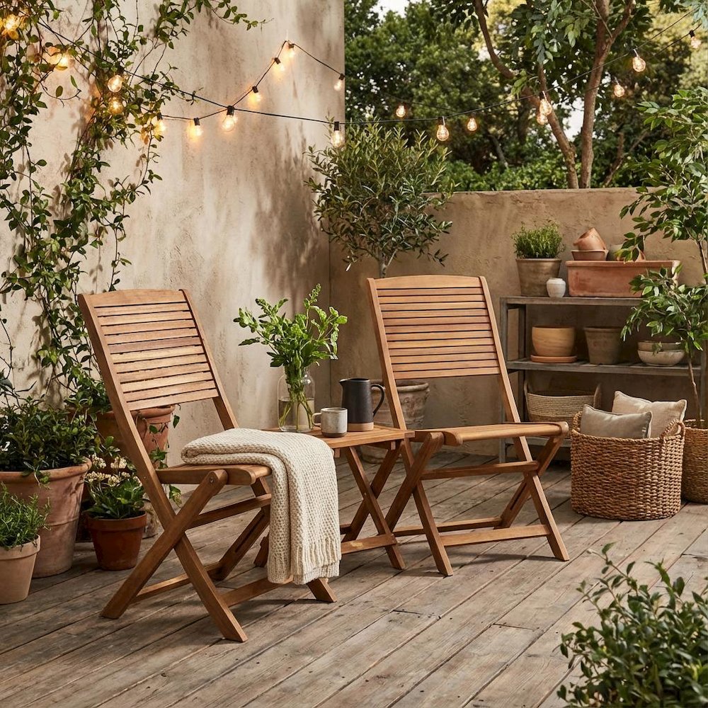 Oil-Finish Wooden Outdoor Patio Chair Set of 2 - Durable Finish, Foldable Design