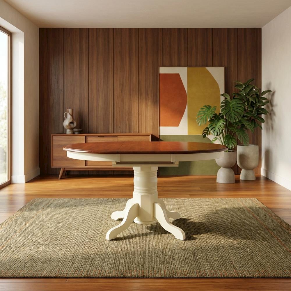 White Oval Pedestal Table, Butterfly Leaf Extension, Seats 6