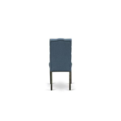 9-piece dining table set with Chair’s Legs and Mineral Blue Linen Fabric