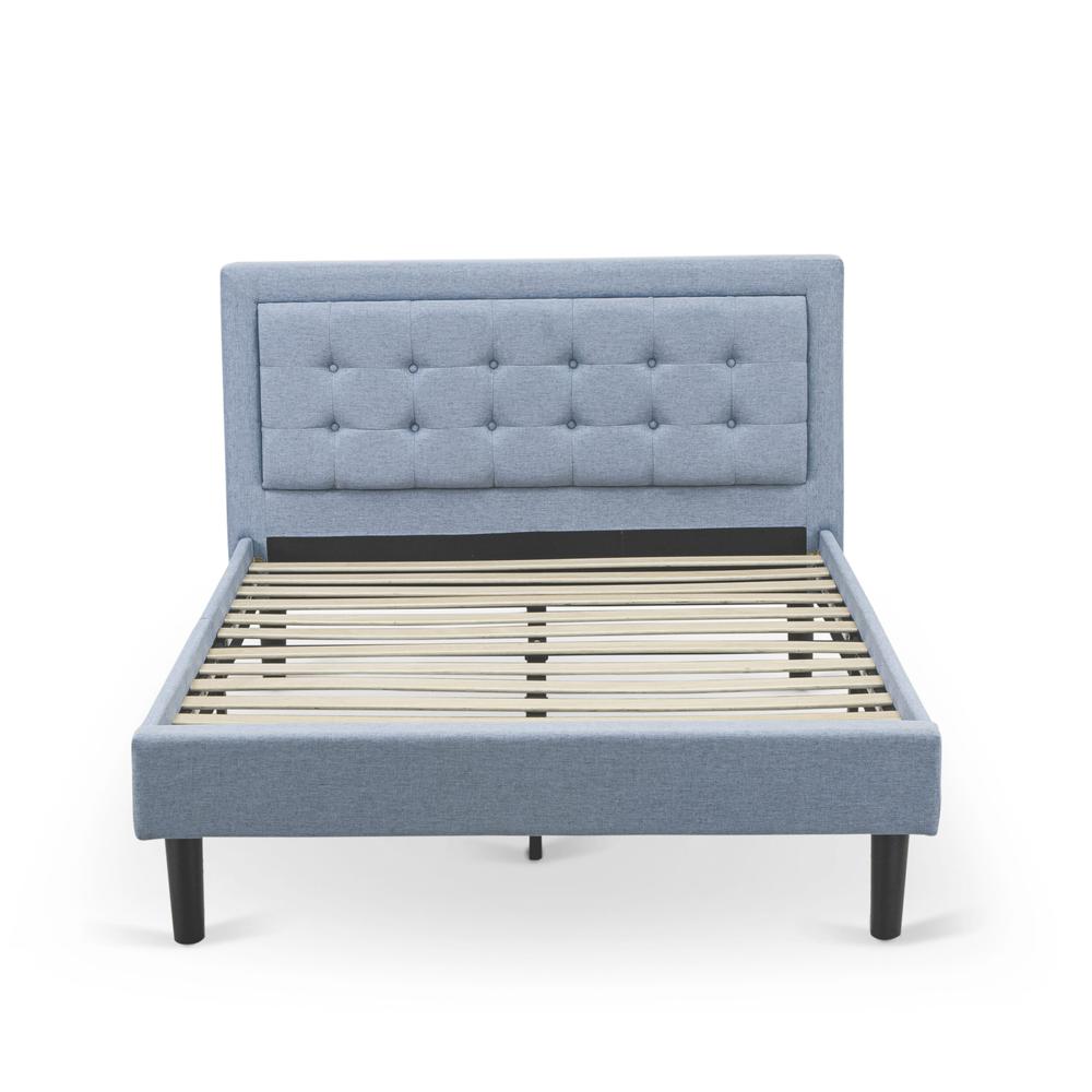 FN11F-1GO15 2-Pc Platform Full Size Bed Set with 1 Bed Frame and a Night Stand for Bedrooms - Denim Blue Linen Fabric