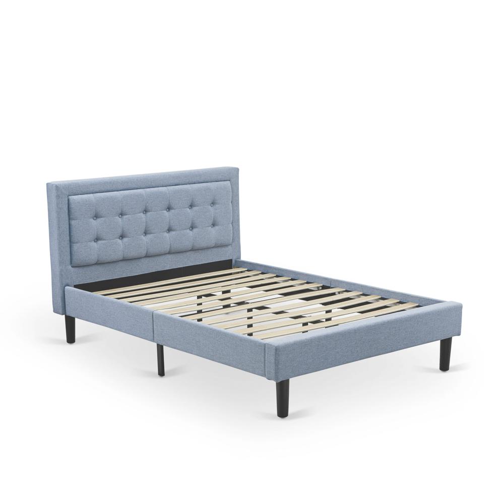 FN11F-1GO15 2-Pc Platform Full Size Bed Set with 1 Bed Frame and a Night Stand for Bedrooms - Denim Blue Linen Fabric