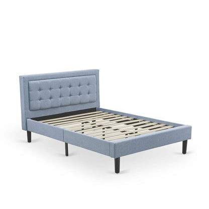 FN11F-1GO15 2-Pc Platform Full Size Bed Set with 1 Bed Frame and a Night Stand for Bedrooms - Denim Blue Linen Fabric
