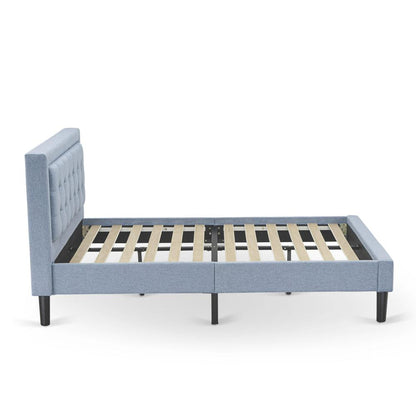 FN11F-1GO15 2-Pc Platform Full Size Bed Set with 1 Bed Frame and a Night Stand for Bedrooms - Denim Blue Linen Fabric