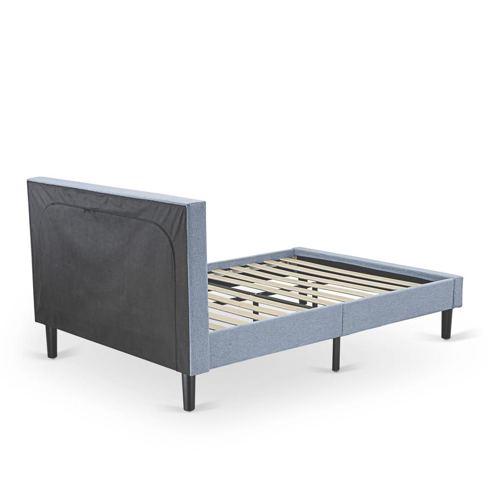 FN11F-1GO15 2-Pc Platform Full Size Bed Set with 1 Bed Frame and a Night Stand for Bedrooms - Denim Blue Linen Fabric