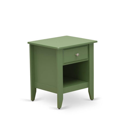 NL19K-2GA12 3 Pc Bed Set - 1 King Size Bed White Velvet Fabric Headboard and 2 Wood Nightstands - Clover Green Finish Nightstand