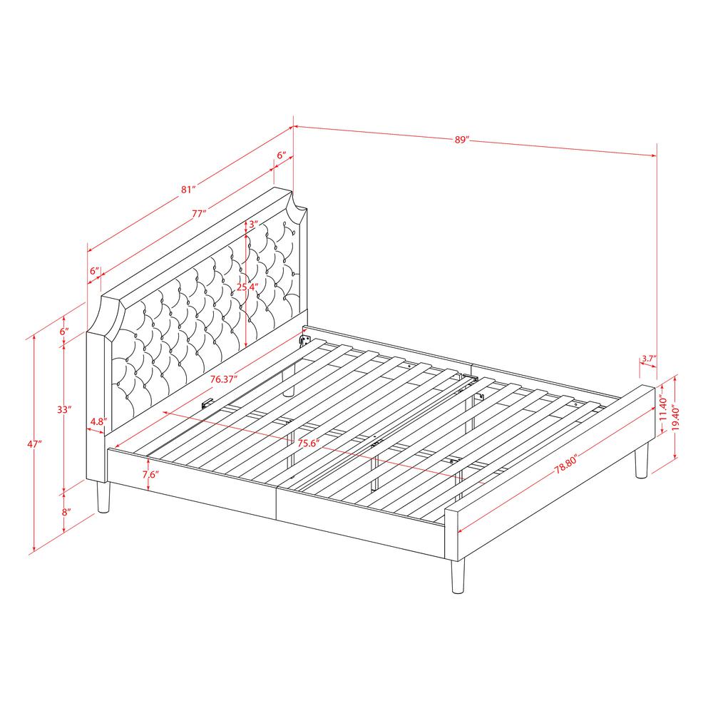 GBF-25-K Wood Bed Contains Black Textured Upholstered Headboard, Footboard and Wood Rails, Slats - Wooden 9 Legs - Black Finish
