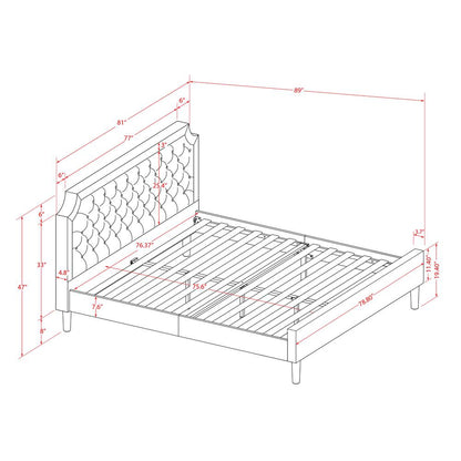 GBF-25-K Wood Bed Contains Black Textured Upholstered Headboard, Footboard and Wood Rails, Slats - Wooden 9 Legs - Black Finish