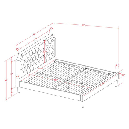 GBF-25-Q Wooden Bed Includes Black Textured Upholstered Headboard, Footboard and Wood Rails, Slats - Wooden 9 Legs - Black Finish