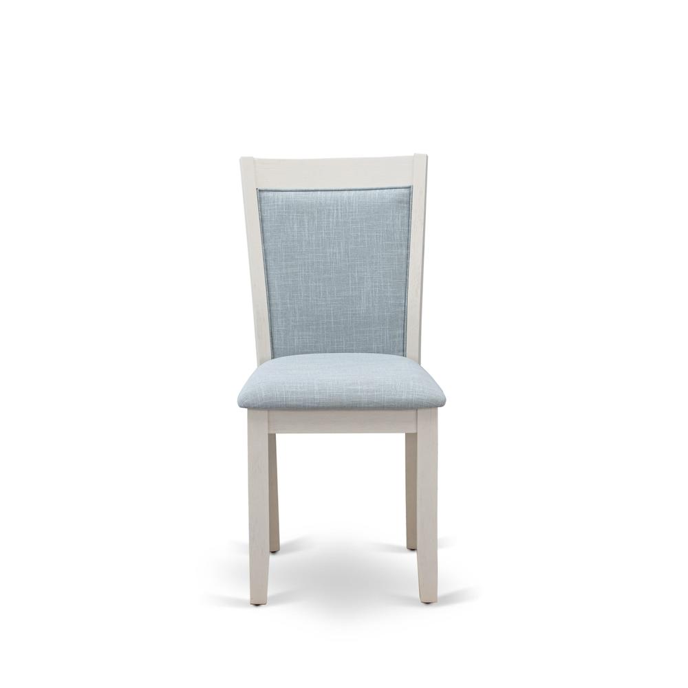 V026MZ015-7 7-Piece Modern Dining Set Contains a Dining Table and 6 Baby Blue Dining Chairs - Wire Brushed Linen White Finish