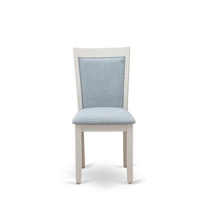 V026MZ015-7 7-Piece Modern Dining Set Contains a Dining Table and 6 Baby Blue Dining Chairs - Wire Brushed Linen White Finish