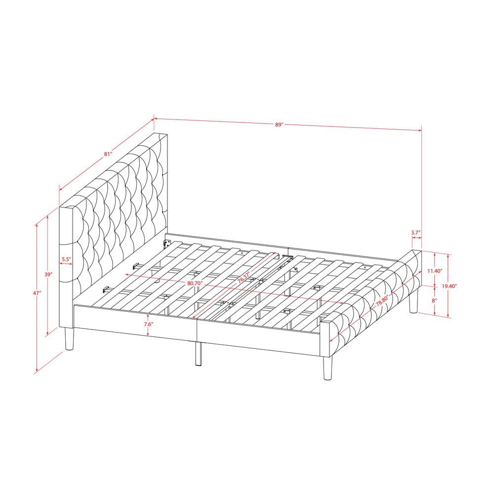 NLF-14-K Nolan Platform Bed Frame-Button Tufted Brown Taupe Velvet Fabric Upholstered Headboard & Footboard, Black Legs, King Size
