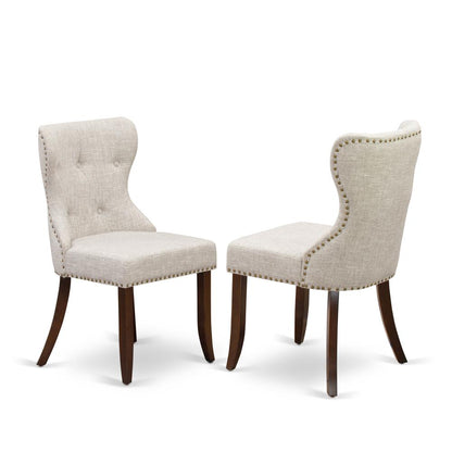 East-West Furniture DLSI3-MAH-35 - A dining room table set of two wonderful dining chairs using Linen Fabric Doeskin color and a fantastic two 9" drop leaf round pedestal kitchen table in Mahogany Fin