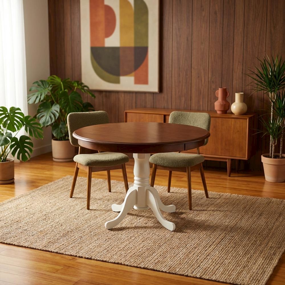 Mahogany Linen White Round Pedestal Table, Seats 4