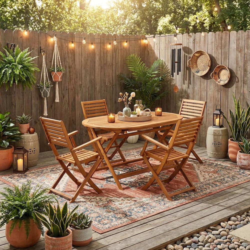 Wooden Patio Set, Oil-Finished with 5-Piece Outdoor Table and 4 Chairs