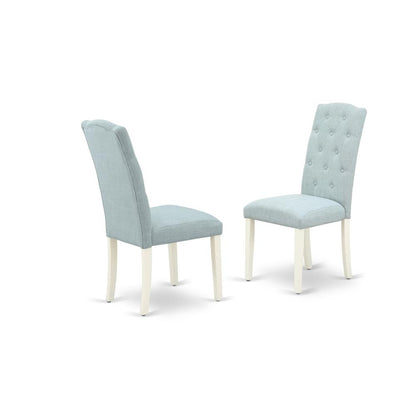 East West Furniture X077CE215-9 9-Piece Dinette Set- 8 Upholstered Dining Chairs with Baby Blue Linen Fabric Seat and Button Tufted Chair Back - Rectangular Table Top & Wooden Cross Legs - Distressed