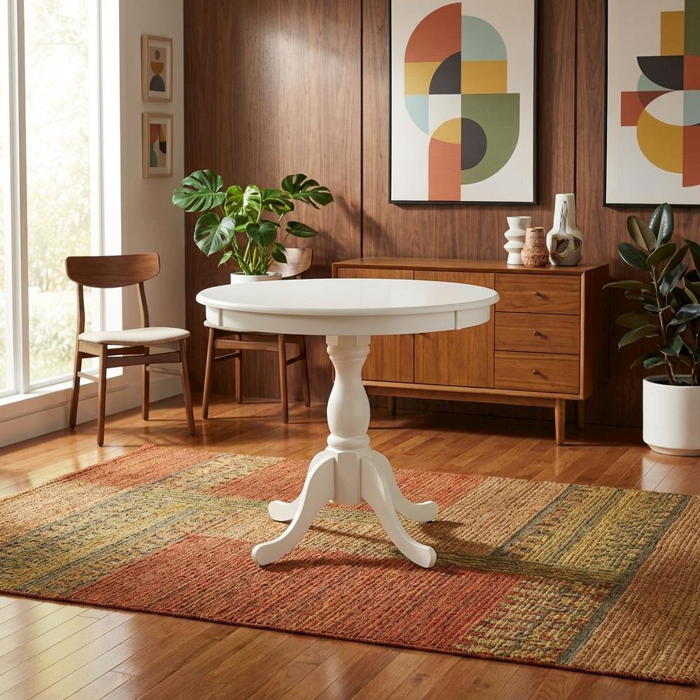Linen White Round Pedestal Dining Table, Wood, Seats 4