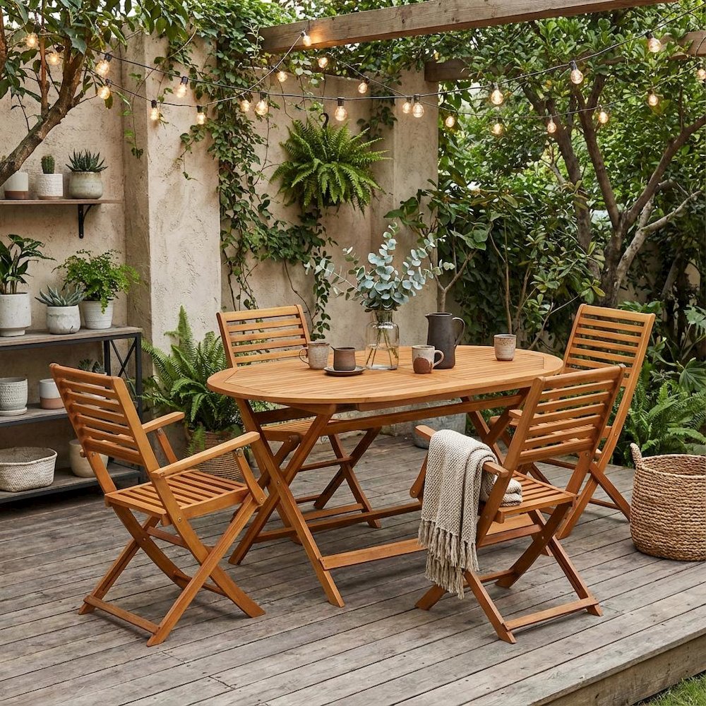 Wooden Patio Set, Oil-Finished with 5-Piece Outdoor Table and 4 Chairs