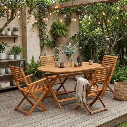 Wooden Patio Set, Oil-Finished with 5-Piece Outdoor Table and 4 Chairs