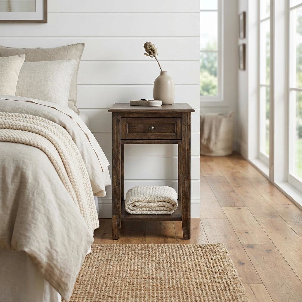 Distressed Jacobean Nightstand with Wooden Drawer and Stable Construction