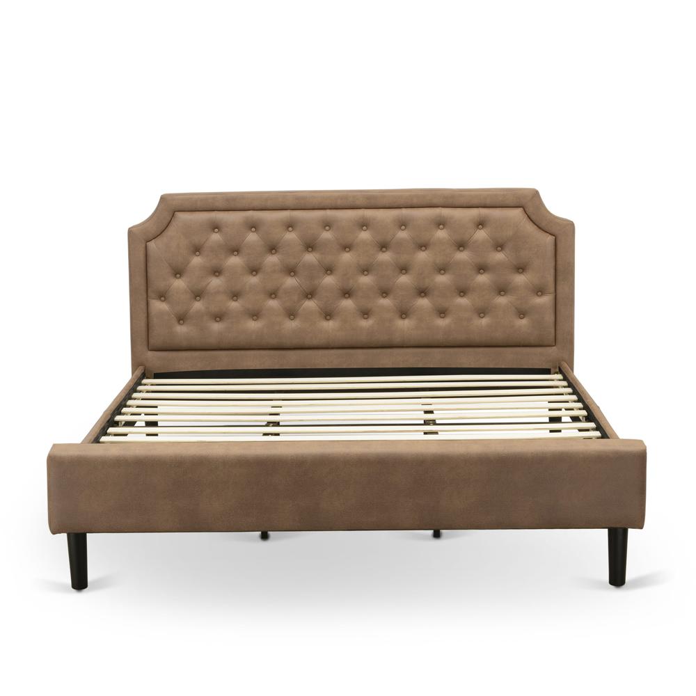 GB28K-2GA07 3-Piece Platform Bed Set with a Modern Bed and 2 Distressed Jacobean End Tables - Brown Faux Leather and Black Legs
