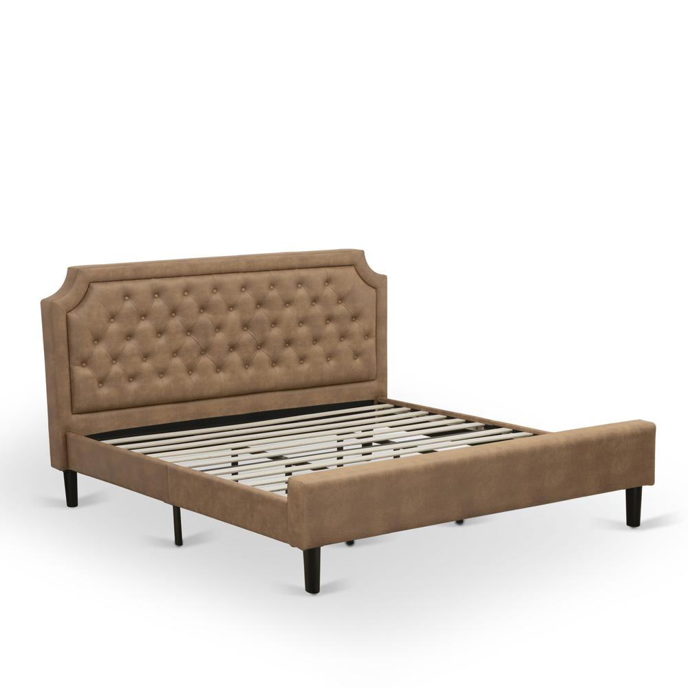 GB28K-2GA07 3-Piece Platform Bed Set with a Modern Bed and 2 Distressed Jacobean End Tables - Brown Faux Leather and Black Legs