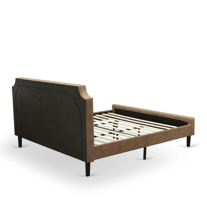 GB28K-2GA07 3-Piece Platform Bed Set with a Modern Bed and 2 Distressed Jacobean End Tables - Brown Faux Leather and Black Legs