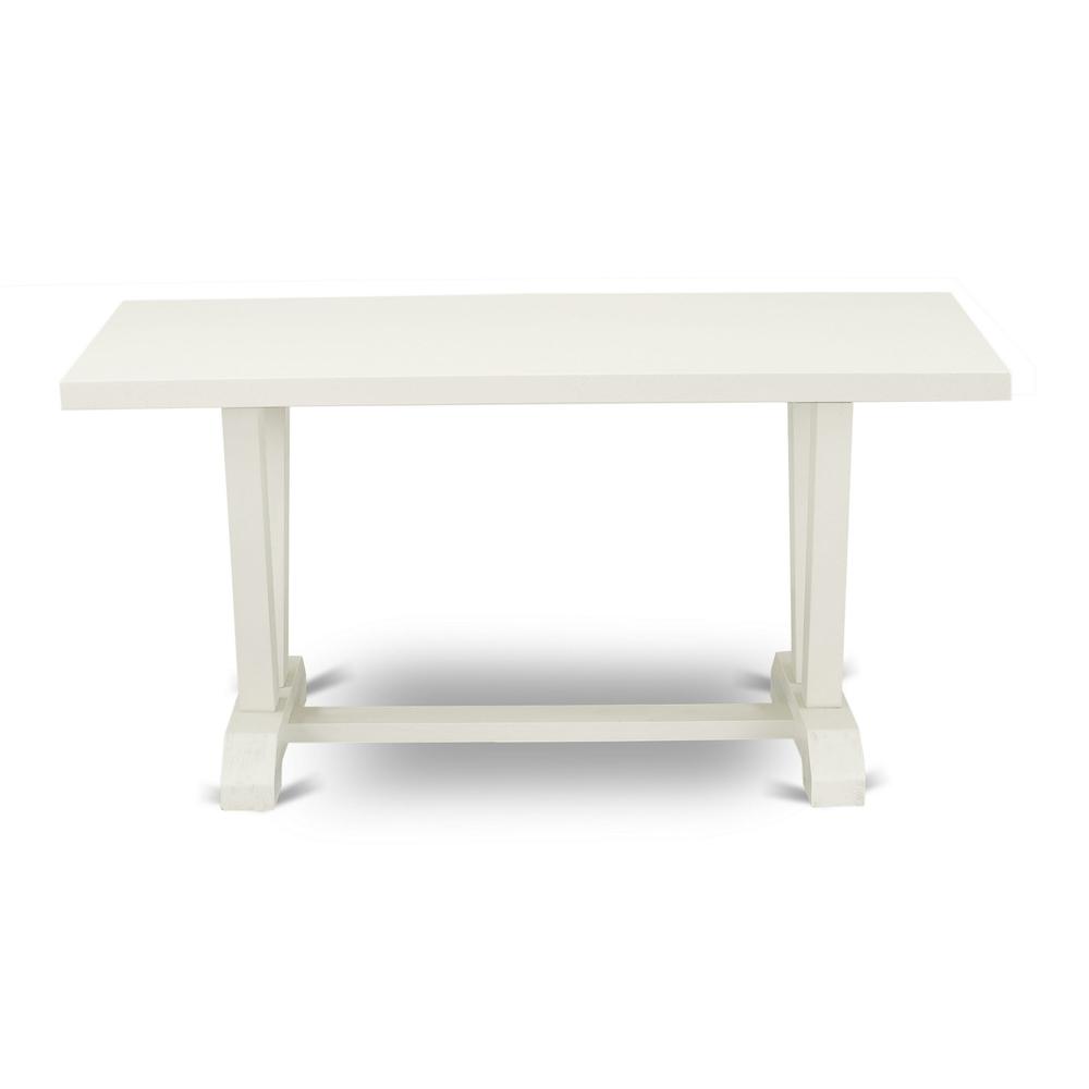 V026MZ001-6 6-Pc Table Set Contains a Dining Table - 4 Cream Dining Chairs and a Wood Bench - Wire Brushed Linen White Finish