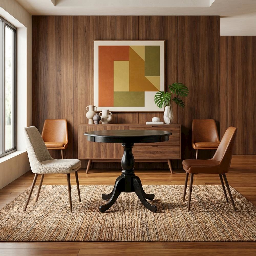 Black Round Pedestal Dining Table, Traditional Style, Seats 4