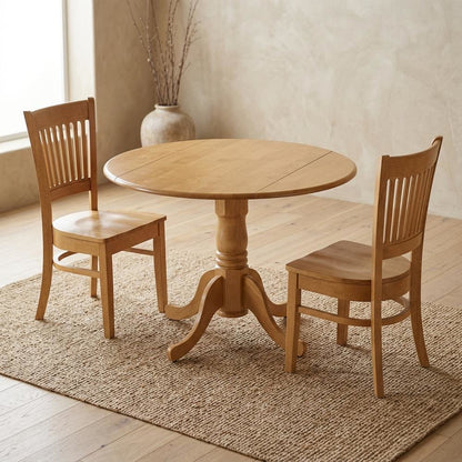 Solid Wood Round Drop-Leaf Kitchen Nook 3-Piece, Slatted Chairs