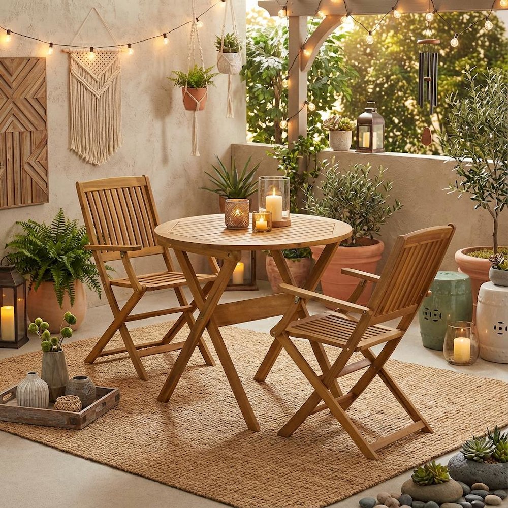 3-Piece Outdoor Bistro Set Oil-Finish Wooden Folding Table and 2 Chairs
