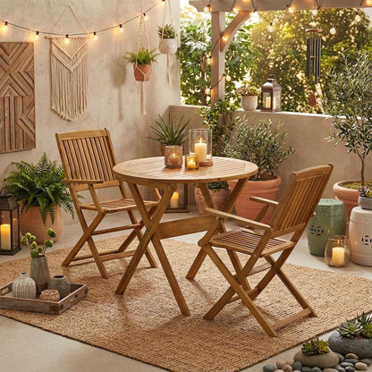 3-Piece Outdoor Bistro Set Oil-Finish Wooden Folding Table and 2 Chairs