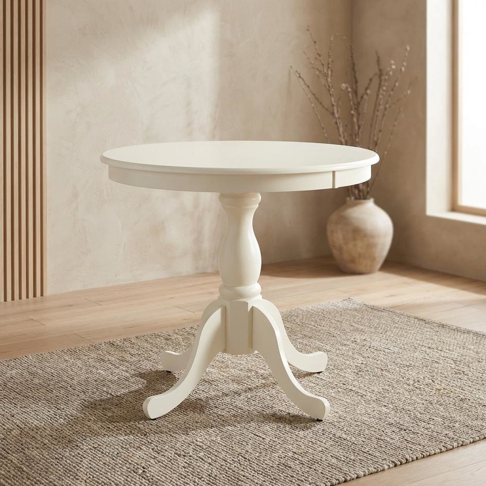 Linen White Round Pedestal Table, Modern Wood Style, Seats 4