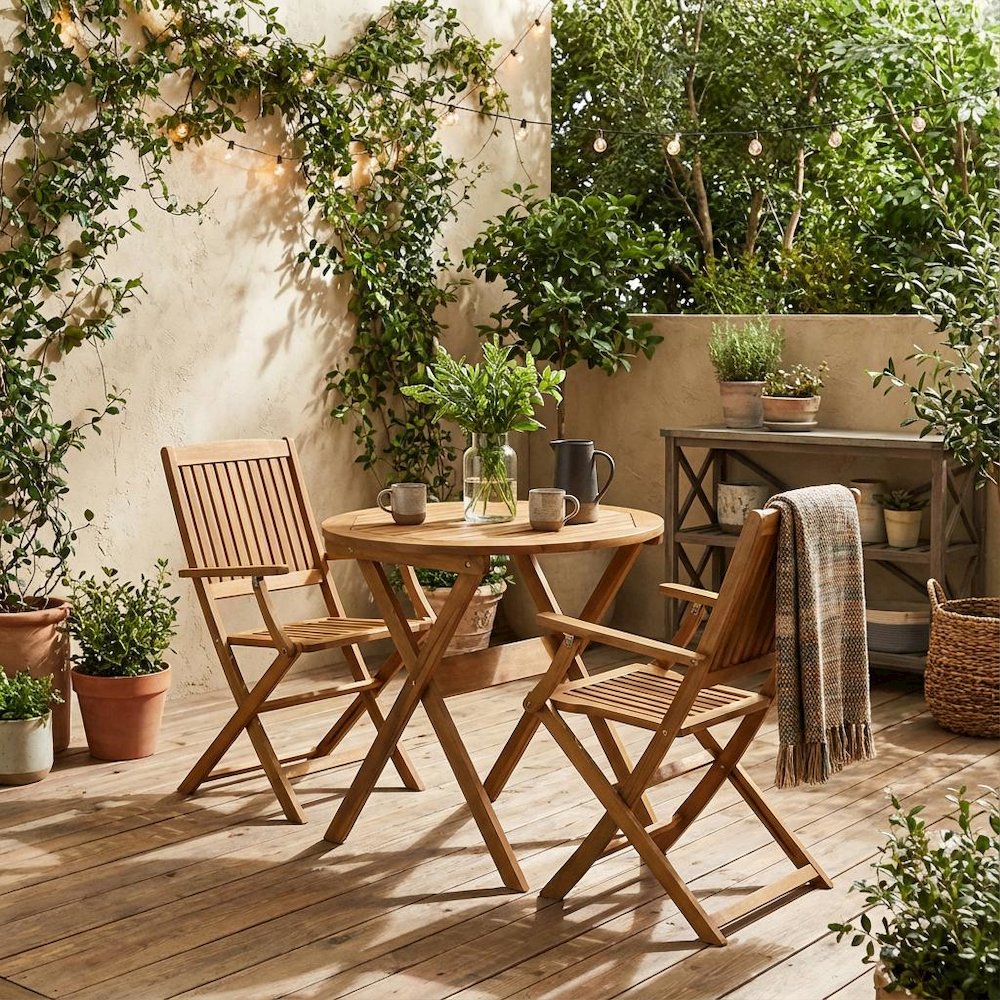 3-Piece Outdoor Bistro Set Oil-Finish Wooden Folding Table and 2 Chairs