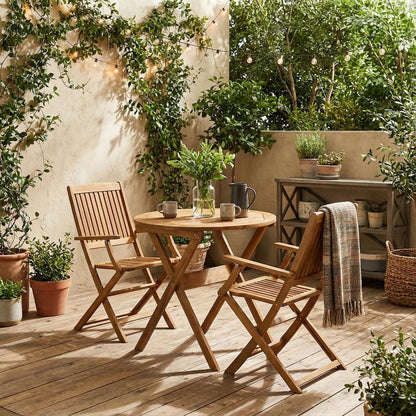3-Piece Outdoor Bistro Set Oil-Finish Wooden Folding Table and 2 Chairs