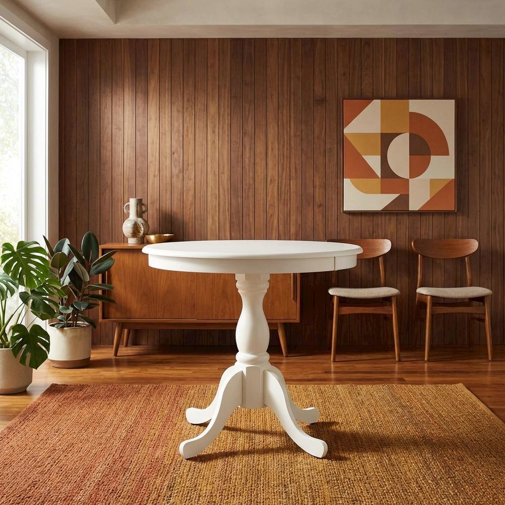 Linen White Round Pedestal Table, Modern Wood Style, Seats 4