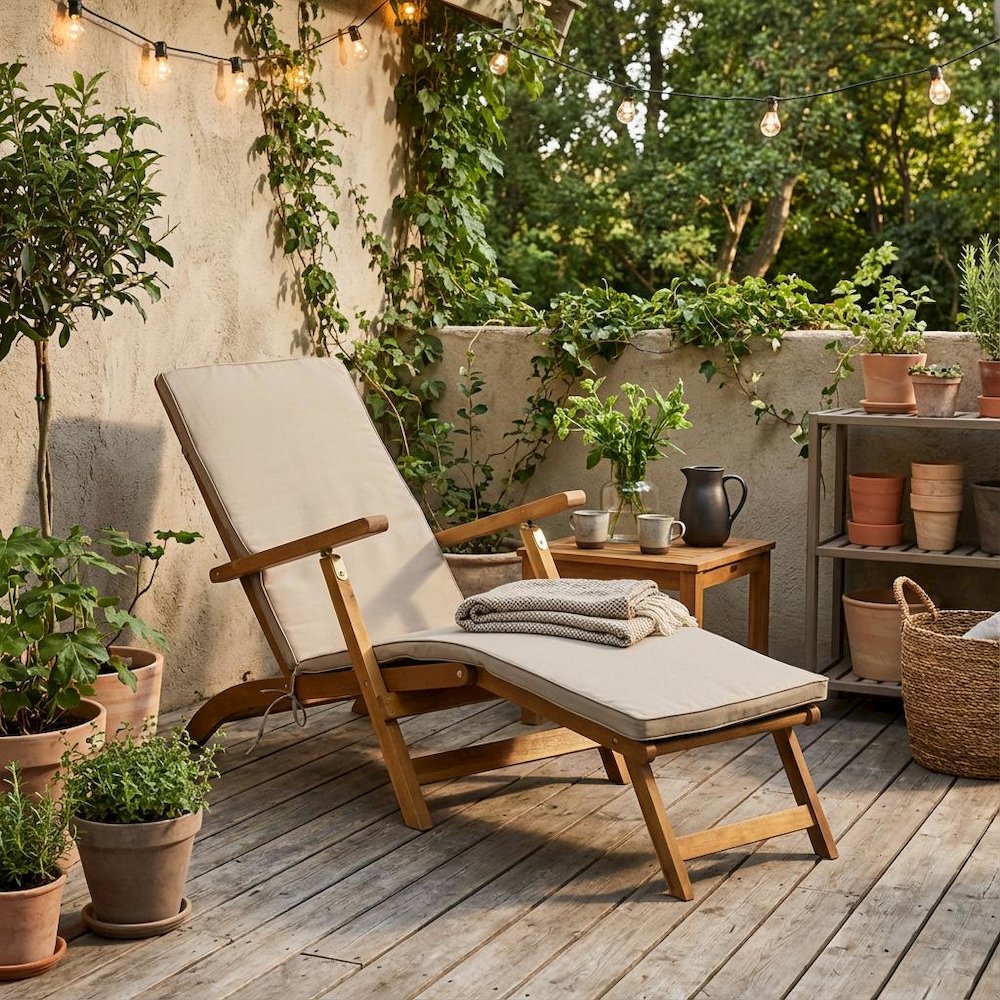 Oil-Finish Outdoor Lounge Chair with Acacia Wood Frame, Modern Design for Deck