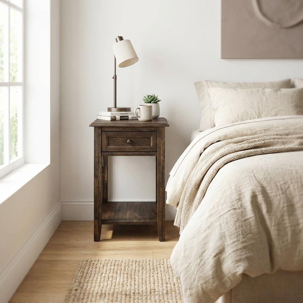 Distressed Jacobean Nightstand with Wooden Drawer and Stable Construction