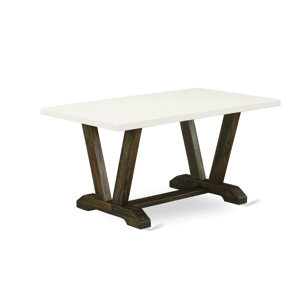 East West Furniture 6-Pc Dining -Brown Beige Linen Fabric Seat and Button Tufted Chair Back Parson Dining chairs, A Rectangular Bench and Rectangular Top Dining room Table with Solid Wood Legs - Linen