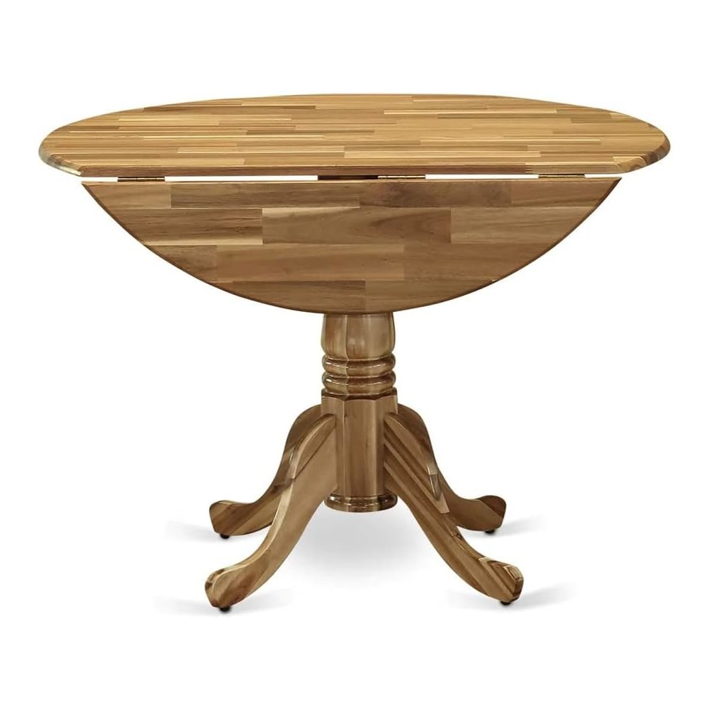 Round Kitchen Table, Drop Leaves, Natural Wood Texture, Pedestal Base