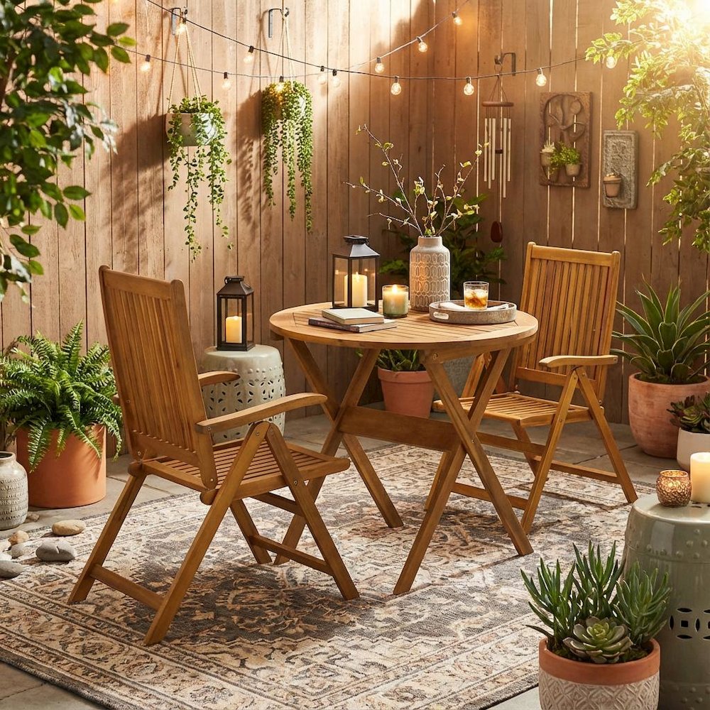 3-Piece Outdoor Dining Set with Oil Finish, Folding Table and 2 Chairs
