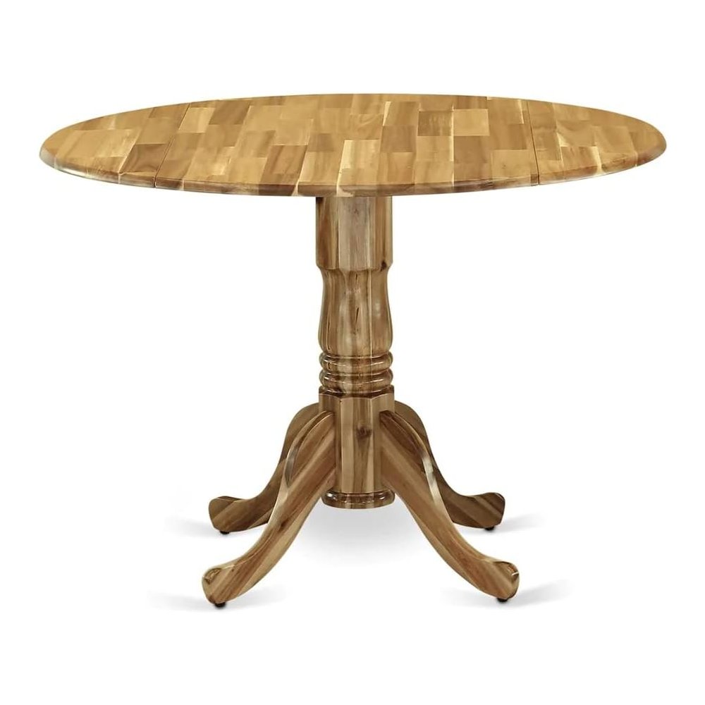 Round Kitchen Table, Drop Leaves, Natural Wood Texture, Pedestal Base