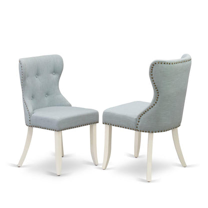 East-West Furniture VASI5-LWH-15 - A dining room table set of 4 great parson dining chairs with Linen Fabric Baby Blue color and a wonderful double pedestal 17 butterfly leaf oval wooden table with L"