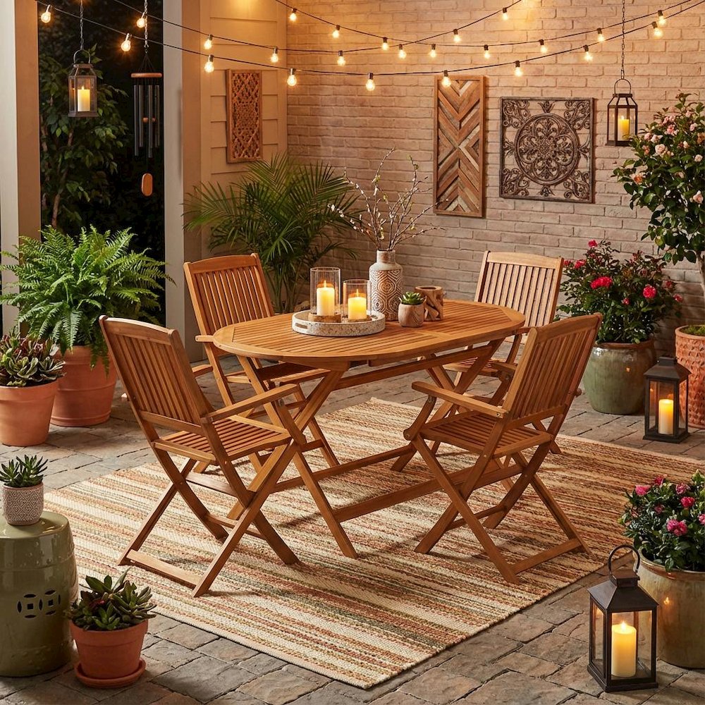 Oil-Finish Wooden Patio Set with Dining Table and 4 Outdoor Chairs