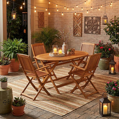Oil-Finish Wooden Patio Set with Dining Table and 4 Outdoor Chairs