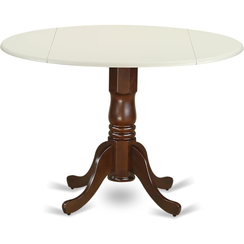 Round Dining Table, Drop Leaves, Linen White & Mahogany, Pedestal Base