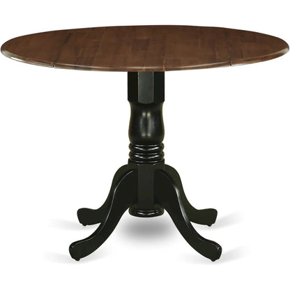 Round Table, Two Drop Leaves, Walnut & Black Finish, Solid Wood, 42-Inch