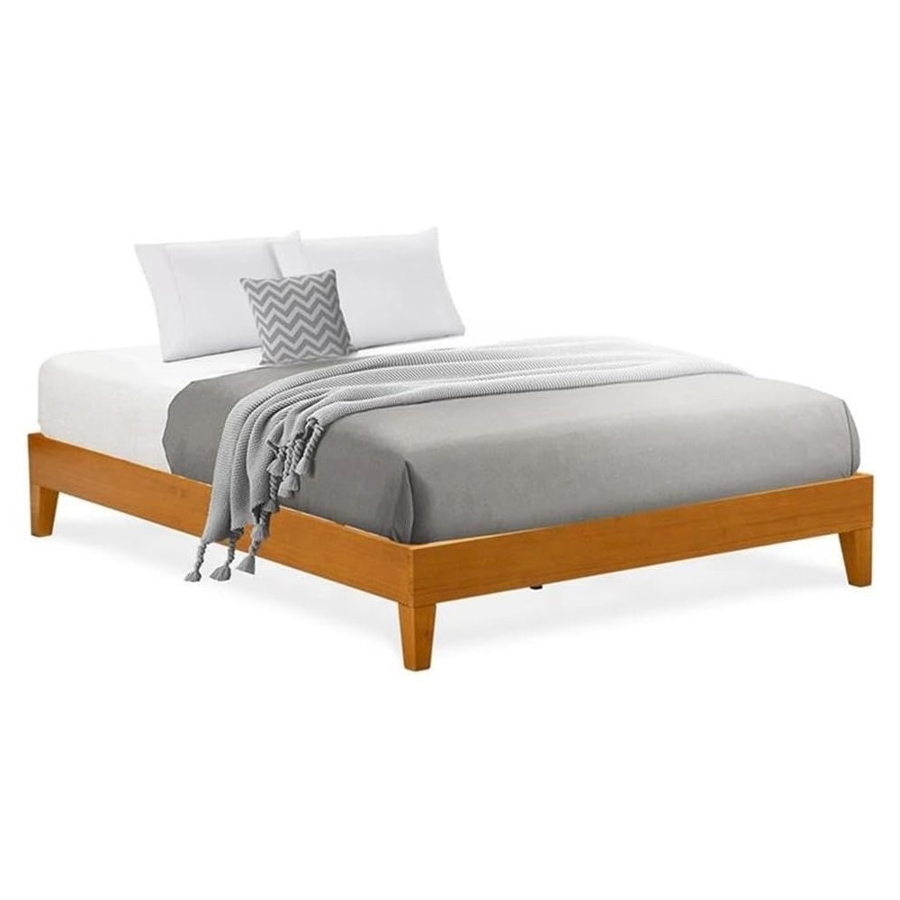 NVP-23-Q Queen Size Platform Bed Frame with 4 Hardwood Legs and 2 Extra Center Legs - Oak Finish