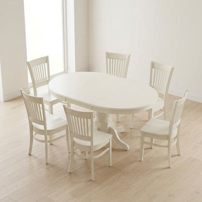 Butterfly Leaf Dining Table 7-Piece, Slatted-Back Wood Chairs, Linen White